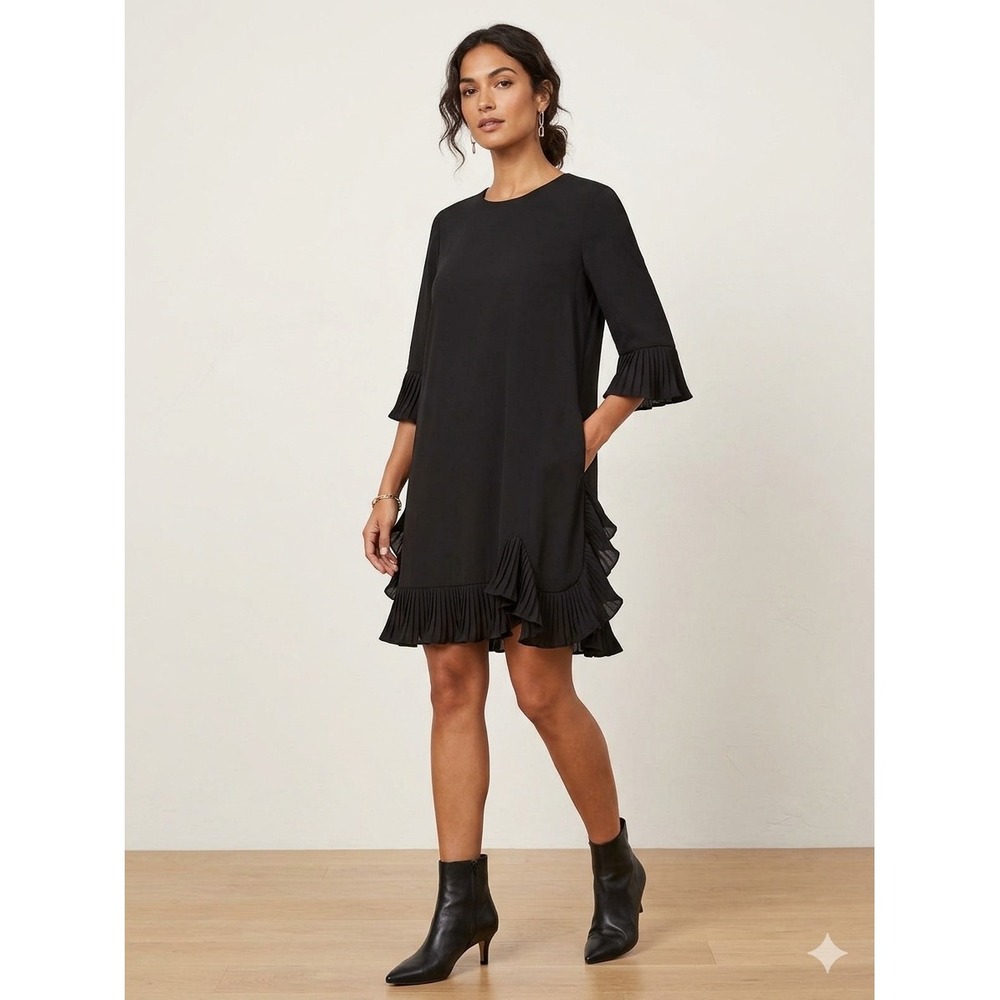 Joseph Ribkoff Black Pleated Ruffle Hem Shift Dress Size 12 Keyhole Back Pockets